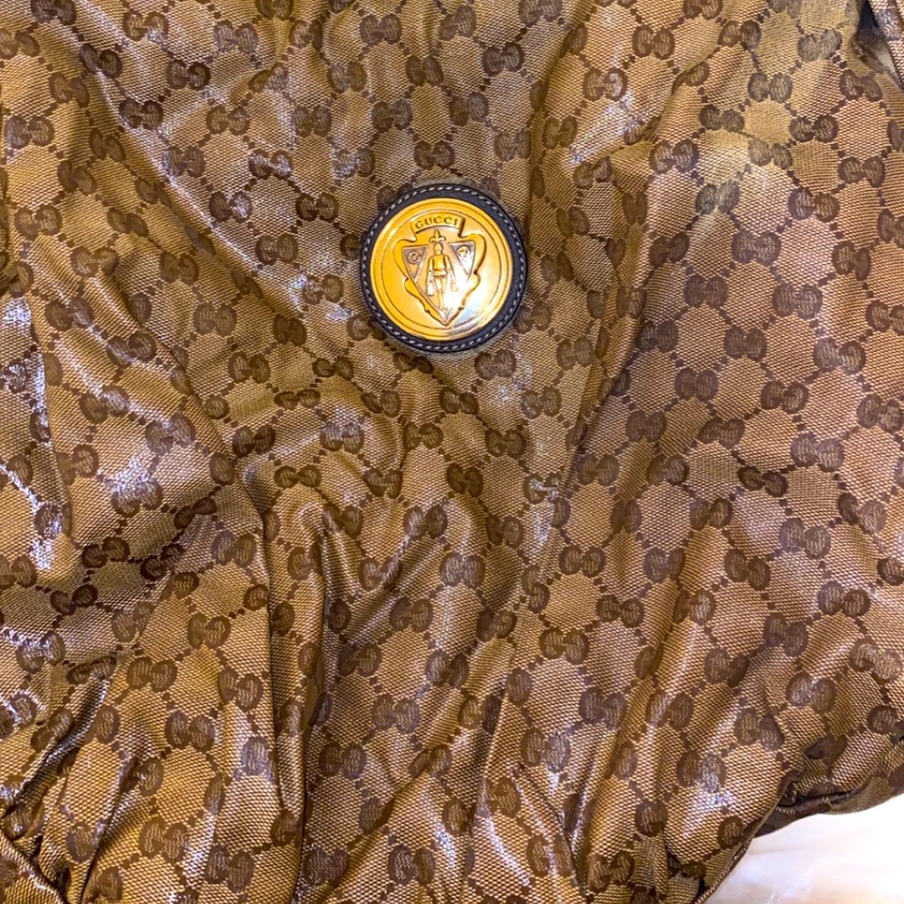 Gucci Brown Monogram Shoulder Bag with Gold Emblem